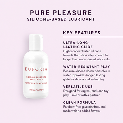 Euforia Silicone Personal Moisturizer bottle with Pure Pleasure silicone-based lubricant key features