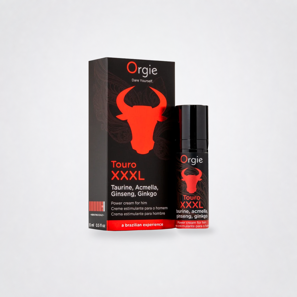 Touro XXXL power cream package and bottle on a neutral grey studio background