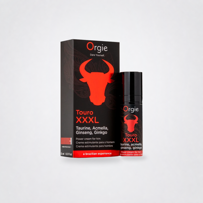 Touro XXXL power cream package and bottle on a neutral grey studio background