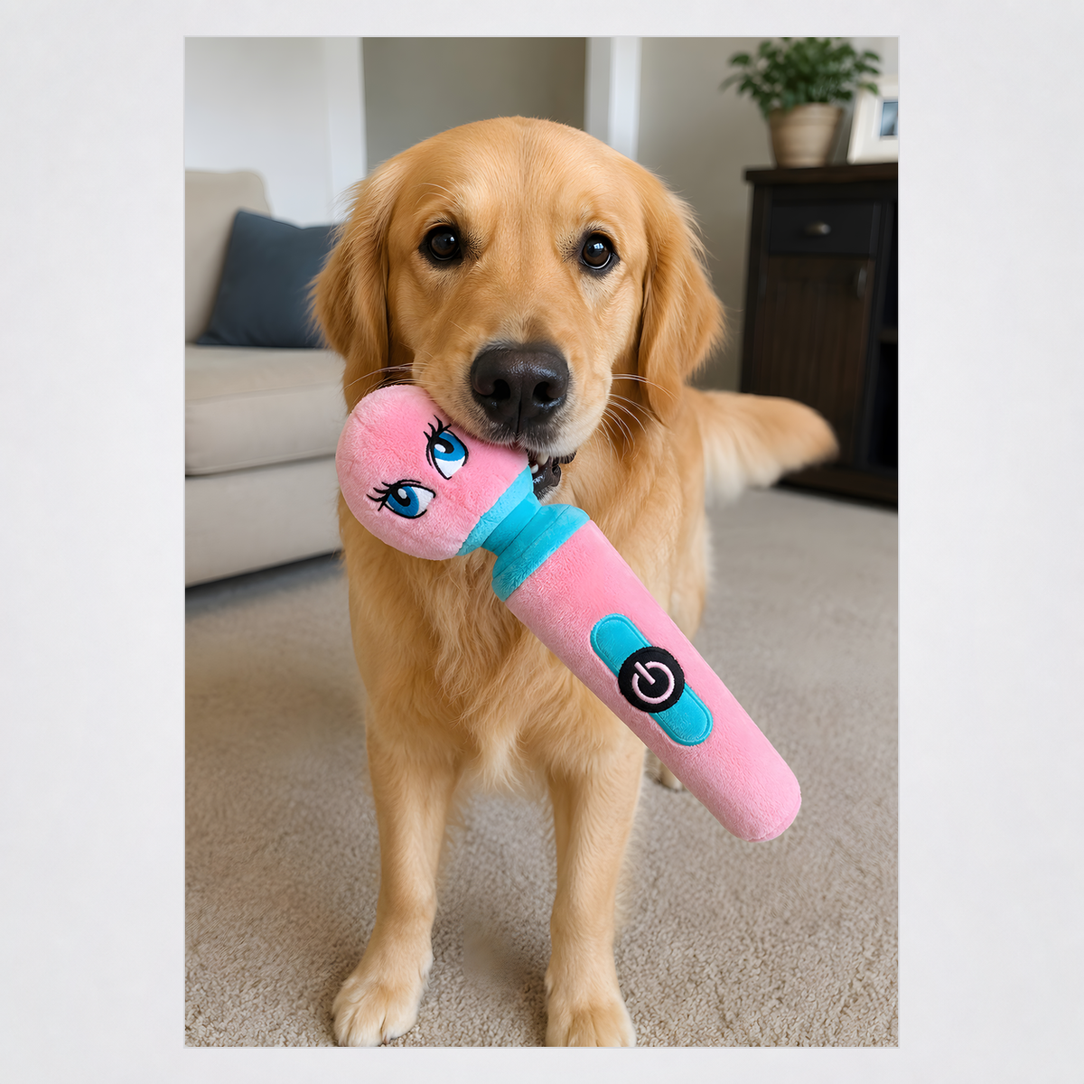 Golden retriever holding the Wanda DelPoochie dog toy in a square grey-framed photo