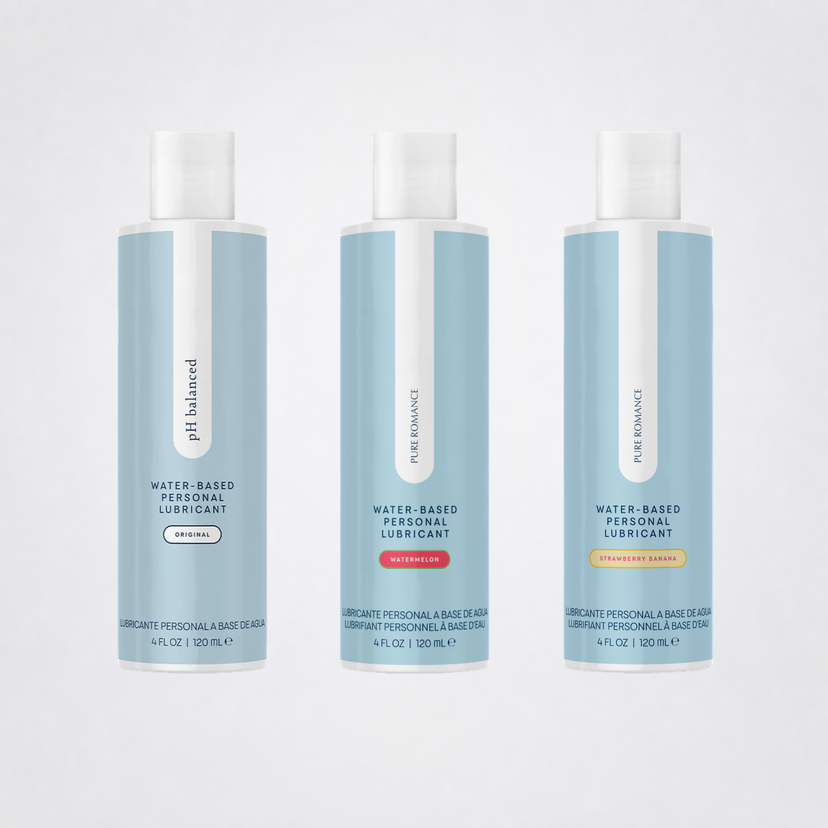 Original, Watermelon, and Strawberry Banana water-based pH-balanced lubricants
