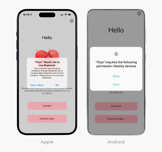 Bluetooth permission screens in the iToys app on Apple and Android phones