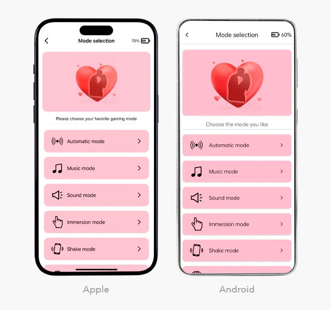 Mode selection screen showing a successful iToys connection on Apple and Android phones