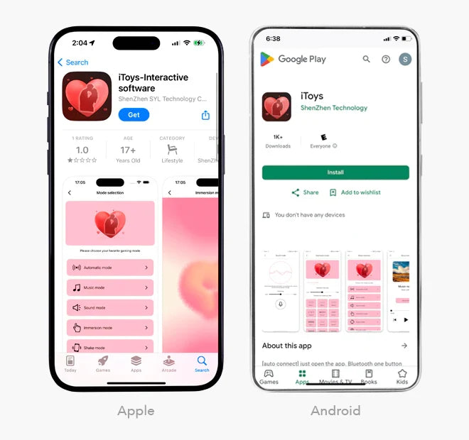 The iToys app in the Apple App Store and Google Play Store