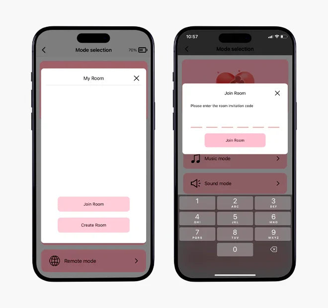 Remote Mode Join Room screen and room code entry in the iToys app