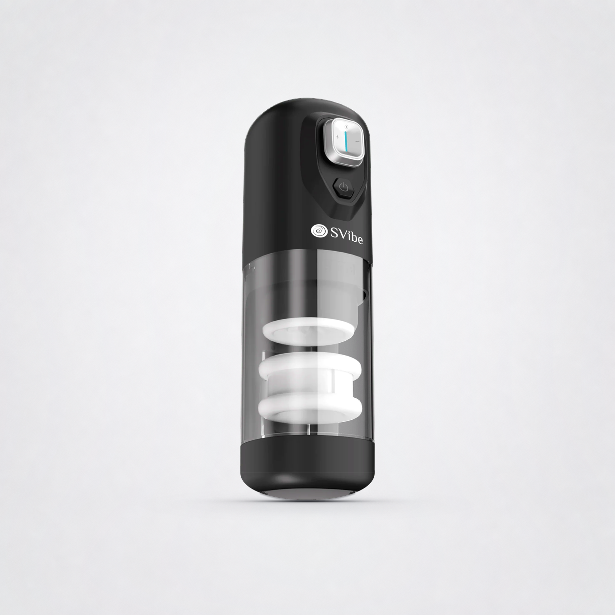 Front view of the SVibe Spark rotating and thrusting massager on The Luv Coach grey studio background