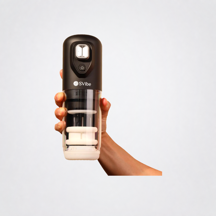 SVibe Spark held in one hand to show its scale