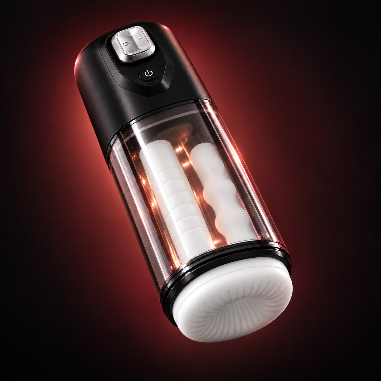 Black VOLT massager showing its transparent chamber and dual ultra-soft inner surfaces