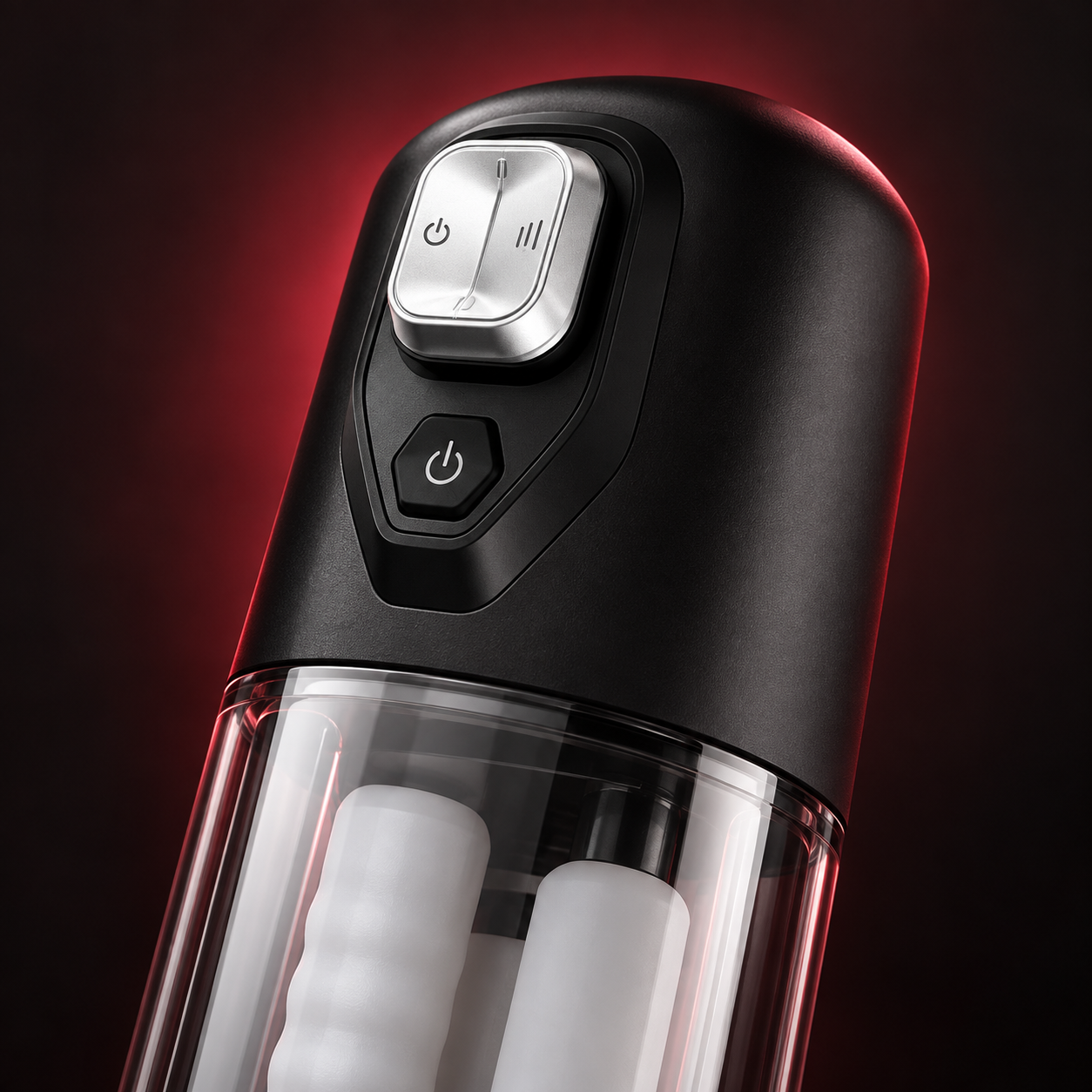 Close-up of the black VOLT massager controls with premium red studio lighting