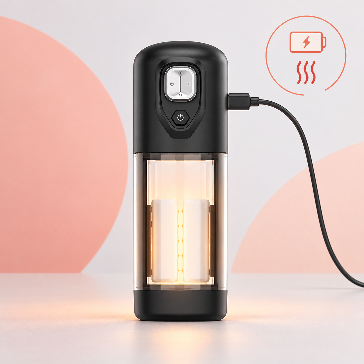 VOLT connected to its charging cable with a warm glow inside the chamber